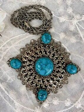 Vintage Victorian Revival Faux Turquoise Pendant Necklace